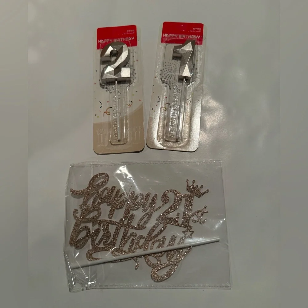 NWT 21st Birthday Cake Topper and Candle Set - Silver Glitter